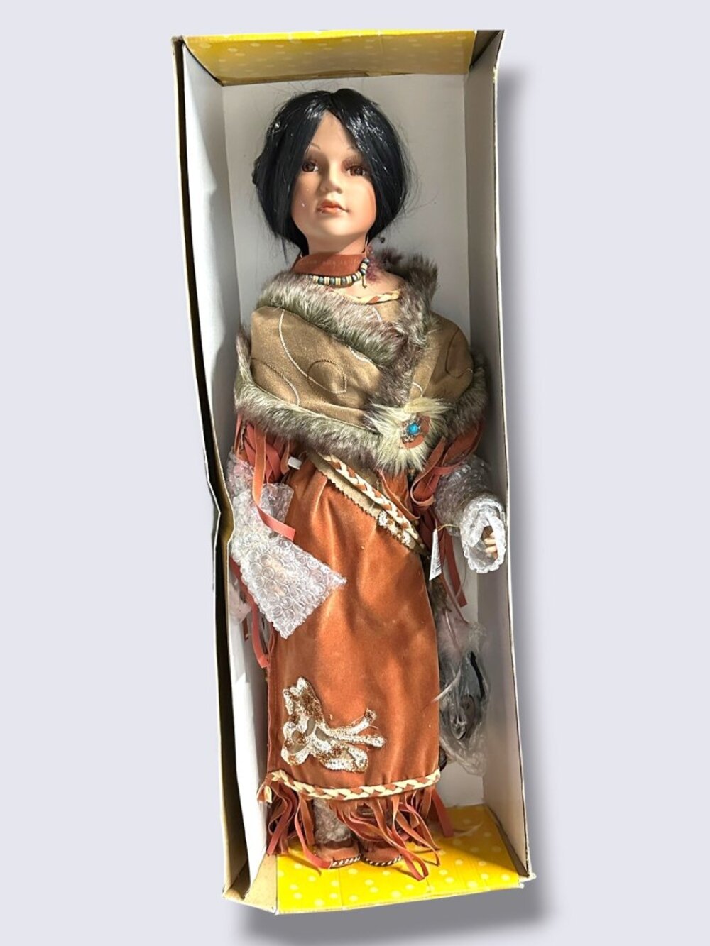 Porcelain Native American-Inspired Doll With Faux Fur Wrap & Beaded Necklace 26"